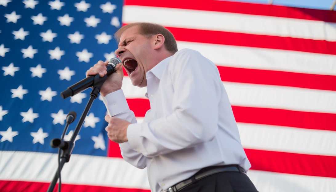 A striking image of Rep. Jim Jordan passionately speaking at a rally, captured with a Canon EOS 5D Mark IV.