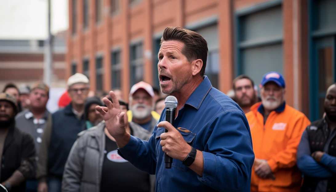 A photo of United Auto Workers President Shawn Fain addressing the crowd during a rally in Detroit. Taken with a Canon EOS 5D Mark IV.