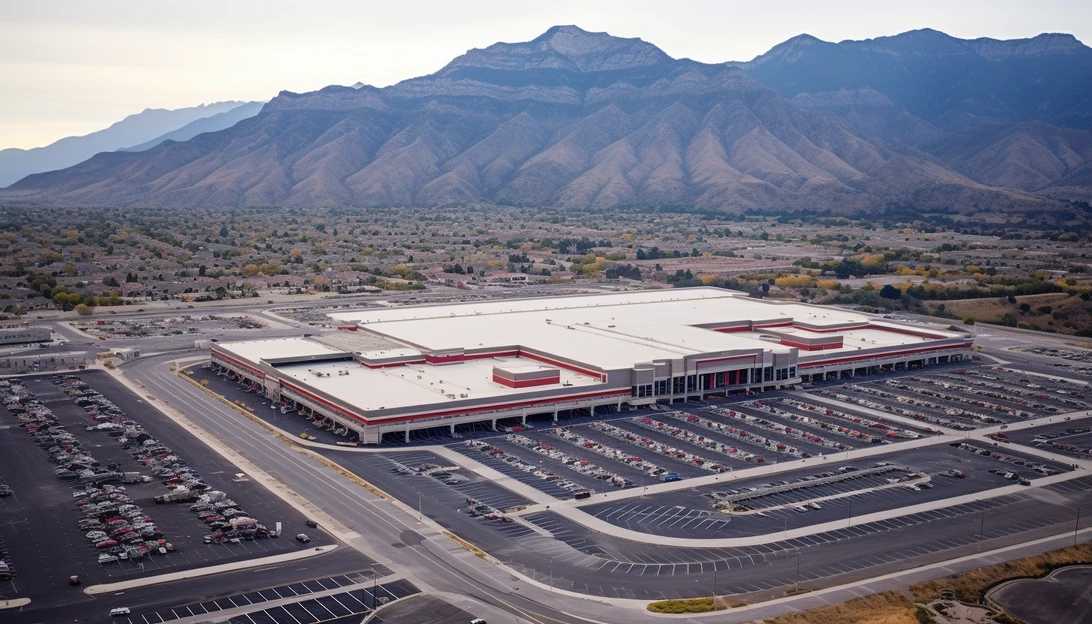 An aerial shot of the largest Costco store in Salt Lake City, Utah, showcasing its vast size and range of products, taken using a Sony Alpha A7R IV camera.