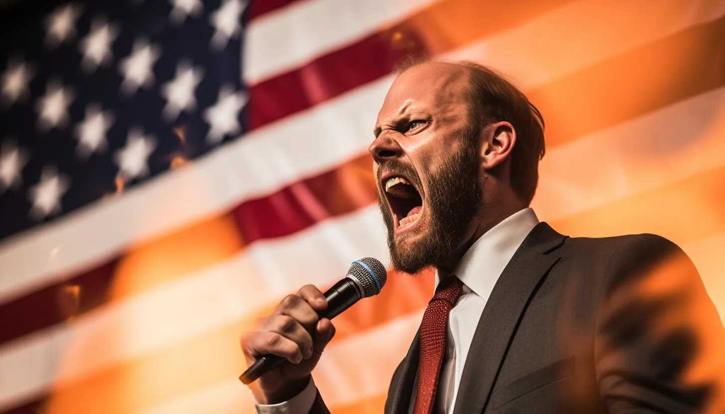 A photo of a passionate US representative in the middle of a fiery speech against the potential plea deals for the 9/11 conspirators. His expression shows his dedication and conviction while addressing this sensitive subject. Taken with Nikon D850.