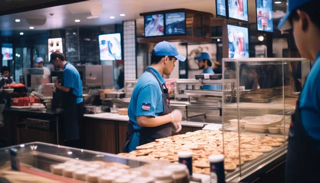 A snapshot capturing a Domino's restaurant bustling with activity as AI technologies streamline operations and improve customer experience, taken with a Canon EOS R5.
