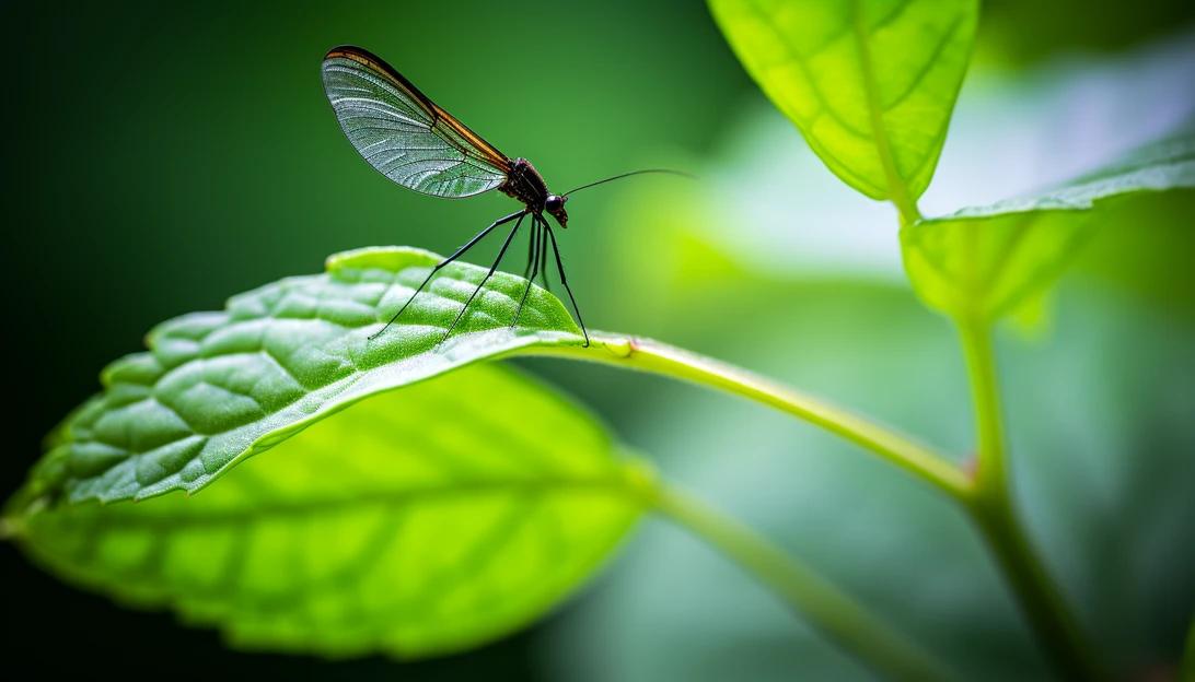 A serene image of a mosquito silently perched on a leaf, taken with a Nikon D850