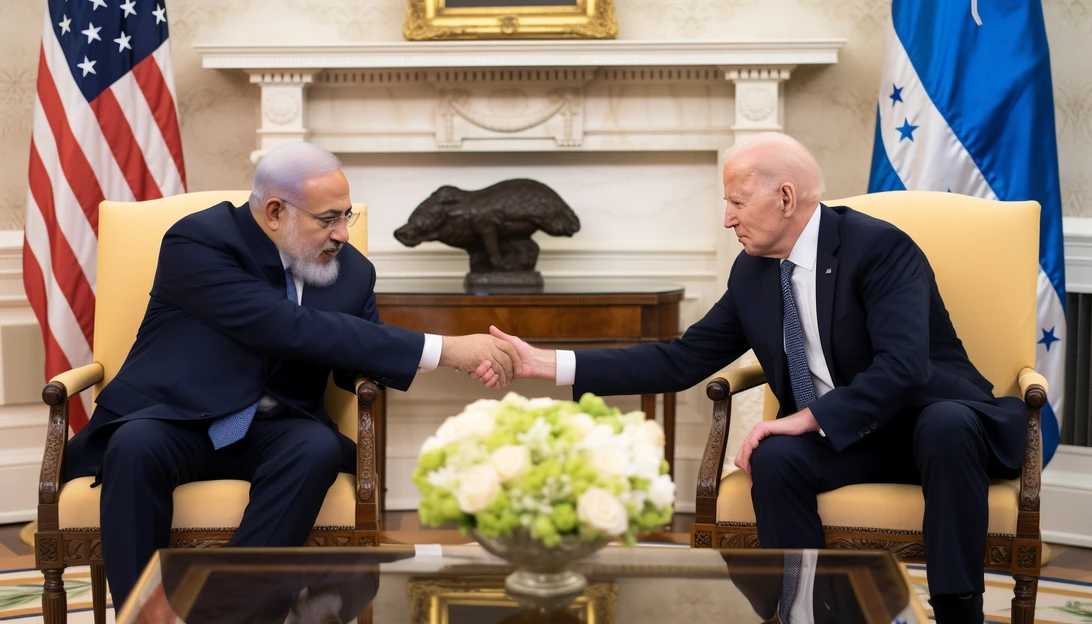 Israeli Prime Minister Benjamin Netanyahu conferring with President Biden in the Oval Office. The photo, taken with a Nikon D850, depicts the leaders discussing the mounting challenges posed by the Houthi movement.